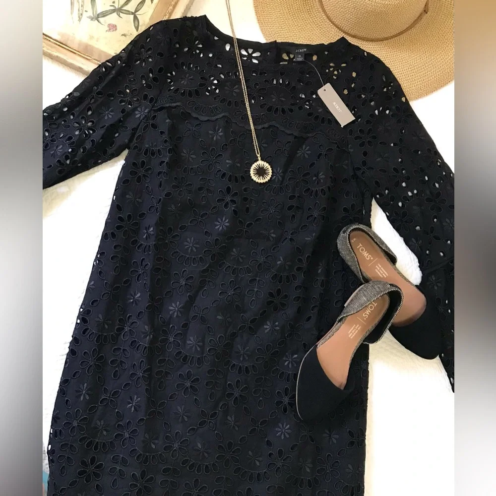 J. Crew Bell Sleeve Black Eyelet Dress NWT